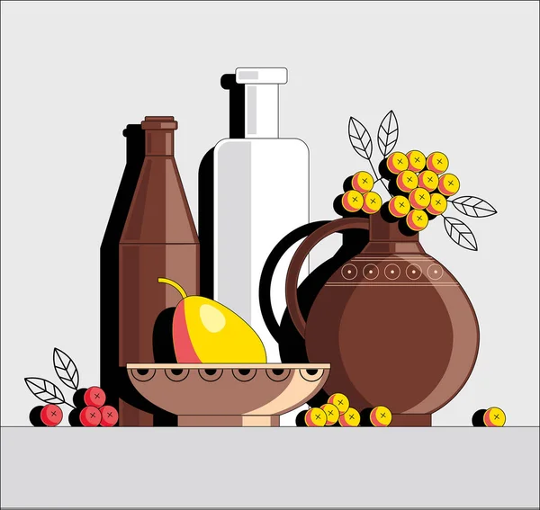 Stilleven met flessen, peren en bessen. Kleur vector illustratie op witte achtergrond. — Stockvector