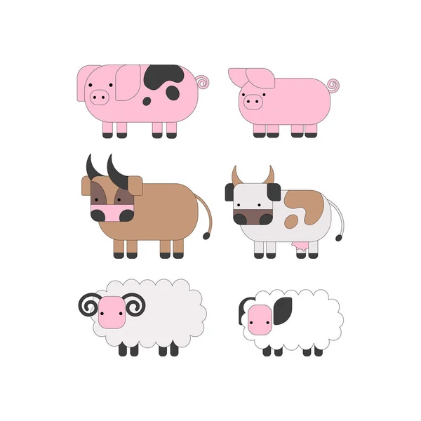 Set mit Nutztieren: Schwein, Kuh, Stier, Schaf. Farbvektorabbildung auf weißem Hintergrund. — Stockvektor