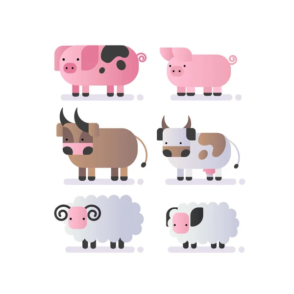 Set with farm animals: pig, cow, bull, sheep. Color vector illustration on white background. — Stock Vector