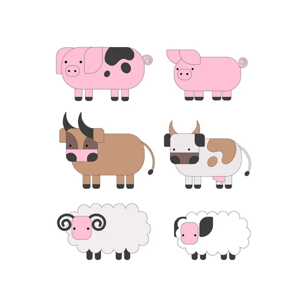 Conjunto com animais de fazenda: porco, vaca, touro, ovelhas. Ilustração vetorial colorida sobre fundo branco. — Vetor de Stock