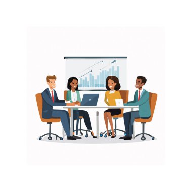 Modern ofis ortamında bir toplantı ve sunum yapacak profesyonel iş ekibi, düz vektör illüstrasyonu.