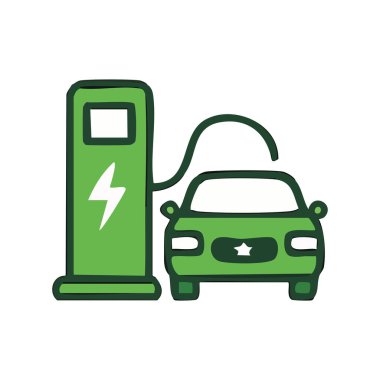 Elektrikli araba şarj istasyonunun yeşil düz ikon çizimi, yenilenebilir enerji ve çevre dostu ulaşım kavramı.
