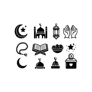 Hilal, cami, fener, Kuran ve dua sembolleri gibi ayrıntılı İslami çizgi sanat simgeleri koleksiyonu. Eğitim materyalleri, Ramazan promosyonları ve kültürel tasarımlar için uygundur.