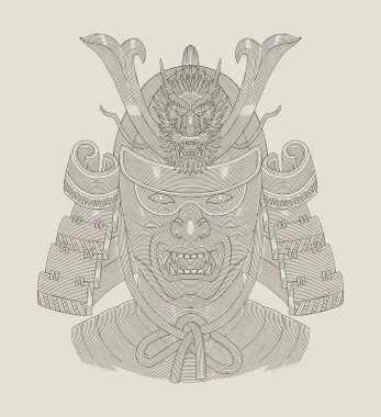 Geleneksel Japon Samuray miğferi, klasik kabartma çizim stili illüstrasyon