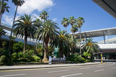 Palmiye ağaçları ve peyzaj çerçevesi, Jeju Uluslararası Havalimanı 'nın dışındaki' Hello JEJU 'simgesi, yüksek yaya yolları ve bahçenin arkasında yükselen terminal yapıları ile.