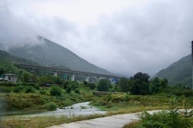 Yükseltilmiş bir otoyol, Ihwa Geçidi yakınlarındaki sisli bir vadiyi geçer. Dağların altındaki bitki örtüsünün arasından bir dere eser..