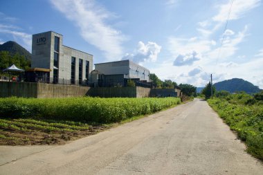 Modern bir havuz villa kompleksi, Bukhangang yakınlarında kırsal bir patika ve yeşil ekin sıralarına bakıyor, uzun beton duvarlar ve kare pencereler parlak öğleden sonra ışığı yakalıyor..