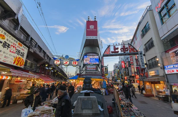 Tokyo, Japon - 27 janvier 2016 : Marché d'Ameyoko en soirée Ameyoko est une rue commerçante animée le long de la Yamanote près des gares d'Ueno — Photo