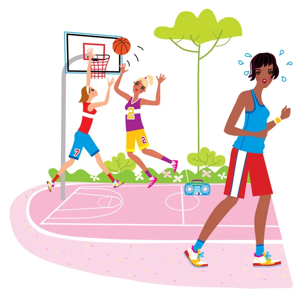 Sabit çalışan siyah kadın ve iki kız basketbol artalanda.