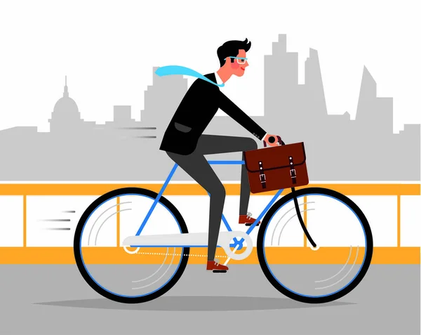 Homme Affaires Vélo Travail Dans Grande Ville Illustration Vectorielle — Image vectorielle