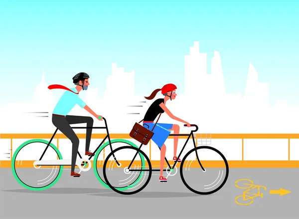 아름다운 여성과 스타일의 자전거 헬멧을 자전거를 배경에는 대도시의 전경이 보인다 — 스톡 벡터