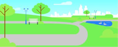 Büyük şehirde koşan ya da bisiklet yolu olan bir park manzarası. vektör illüstrasyonu