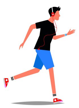 Yakışıklı genç adam koşuyor ve müzik dinliyor. Vektör