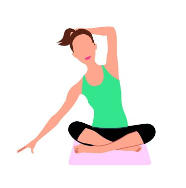 Spor kıyafeti giyen genç ve güzel bir kadın bacak bacak bacak üstüne atmış yoga egzersizi yapıyor. Boyun gerdirme vektör illüstrasyonu