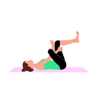Genç ve güzel bir kadın spor kıyafeti giyiyor ve yoga egzersizi yapıyor. Bacak ve sırt gerdirme vektör çizimi