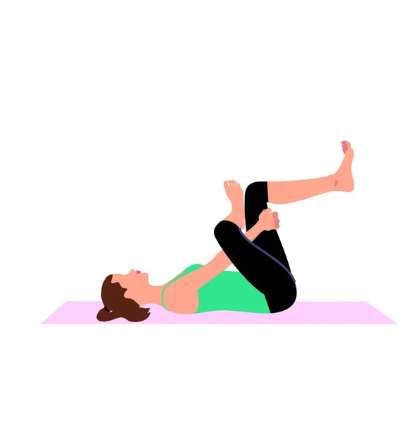 Genç ve güzel bir kadın spor kıyafeti giyiyor ve yoga egzersizi yapıyor. Bacak ve sırt gerdirme vektör çizimi