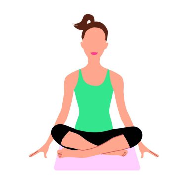 Yoga nilüferinde oturan genç ve güzel bir kadın bacak bacak üstüne atmış şekilde yerde poz veriyor. Yoga egzersizi vektör illüstrasyonu yapıyorum