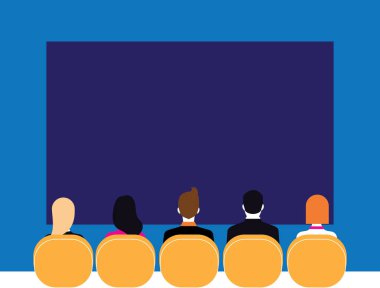 Konferans salonunda ya da sinemada oturan insanlar. arka plan vektör illüstrasyonu