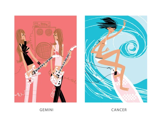 Cancer Gemini Girl Horoscope Signs Surfing Music Band Playing Night — Stock Vector