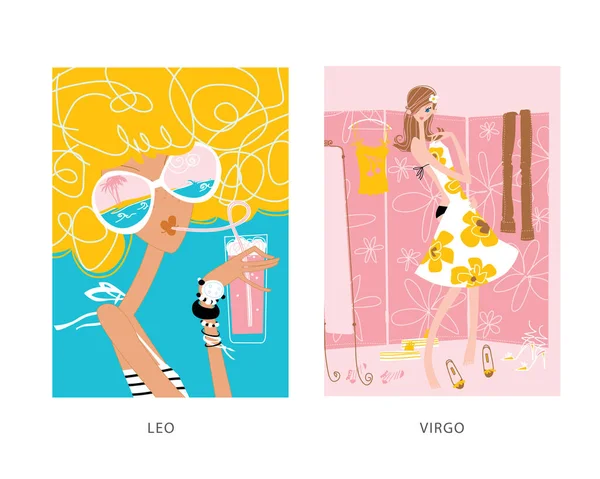 Leo Virgo Girl Horoscope Signs Zodiac Vector Illustration Drinking Cocktail — Stock Vector