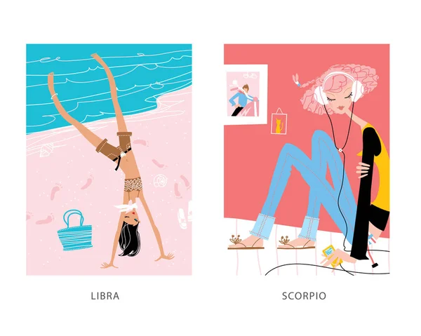 Girl Horoscope Signs Libra Scorpio Zodiac Illustrations Handstand Listening Music — Stock Vector
