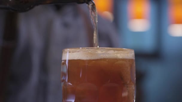 Pouring beer into a mug from a bottle — Stock Video