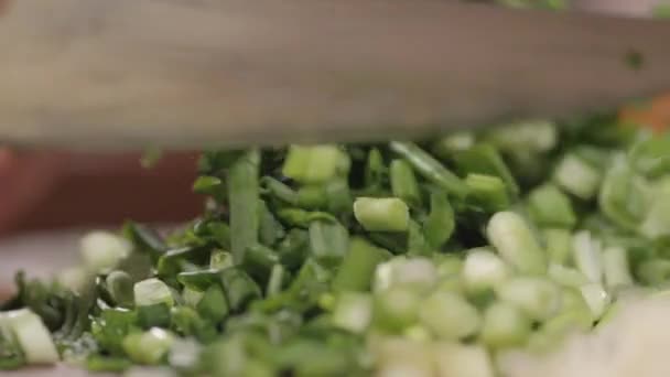 Primer plano de cebolla verde en una tabla de cortar — Vídeo de stock