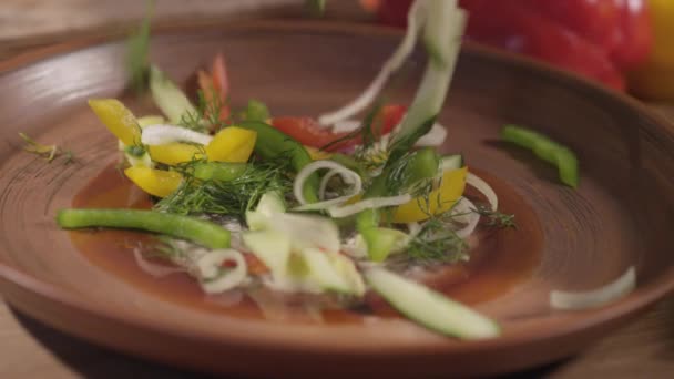 Salade de légumes tombant sur une assiette — Video