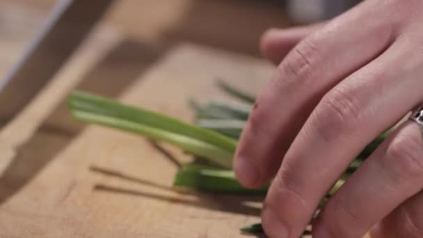 Gros plan sur la coupe de l'oignon vert sur une planche à découper — Video