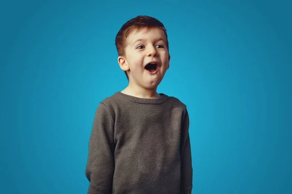 Surpreendido pouco bonito menino gritando omg isolado sobre fundo azul — Fotografia de Stock