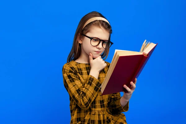 Menina inteligente sério lê livro e toca queixo com a mão, usa óculos — Fotografia de Stock