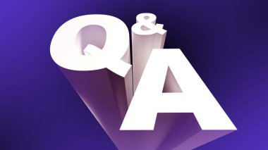 Q and A Section Slide Presentation Background. Bold 3D white letters on purple gradient backdrop, designed for use in conference slides, webinars, business presentations or educational templates with copy space for text or branding