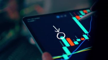 Kripto para birimi Candlestick Dijital Tablet Ticaret Ekranı. Sinematik fintech kapanış sunar tüccar el stili etkileşimi fiyat eylem örüntüsünü vurgulayan teknik gösterge piyasa yapısı kararı