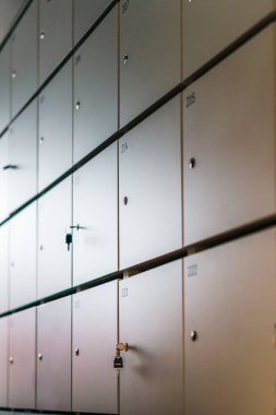 Dolap duvarı geometrisi güvende. Çağdaş şirket içi hizalanmış metal bölmeler numaralandırılmış paneller erişim güvenlik yapısı görsel ritim düzenleme verimlilik gizlilik asgari estetik derinlik suçlusu