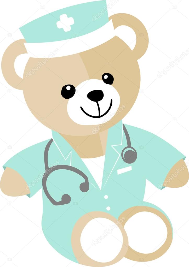 A teddy bear dressed as a doctor to reassure and explain the child care