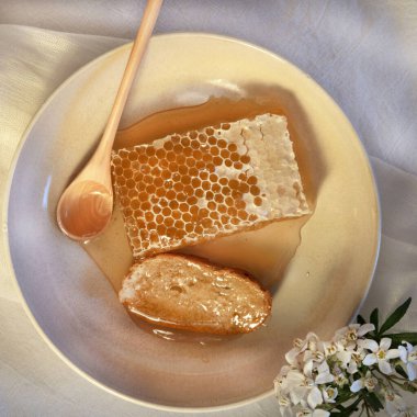 Beyaz bir masada bal ve bal peteği