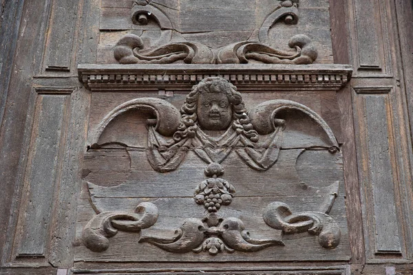 Detalhe Uma Antiga Porta Igreja Madeira Cidade Blois França — Fotografia de Stock