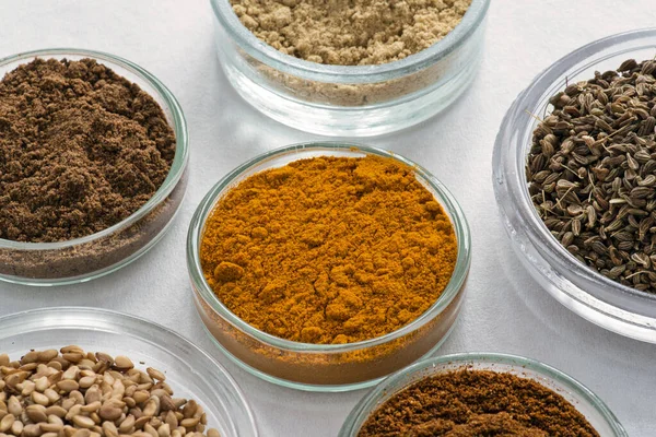 Assortment Different Spices Small Glass Jars — Foto de Stock