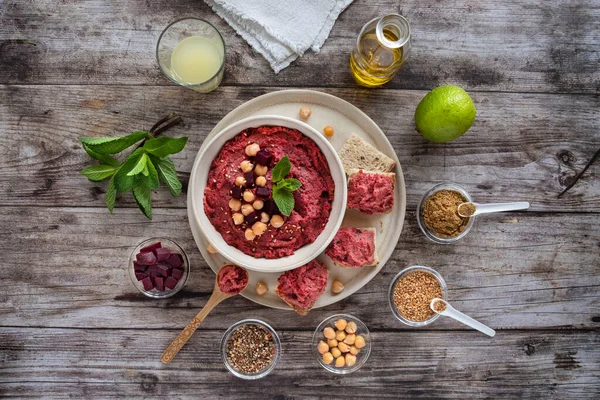 Close Red Beet Hummus Dish Surrounding Ingredients — Stock Photo, Image