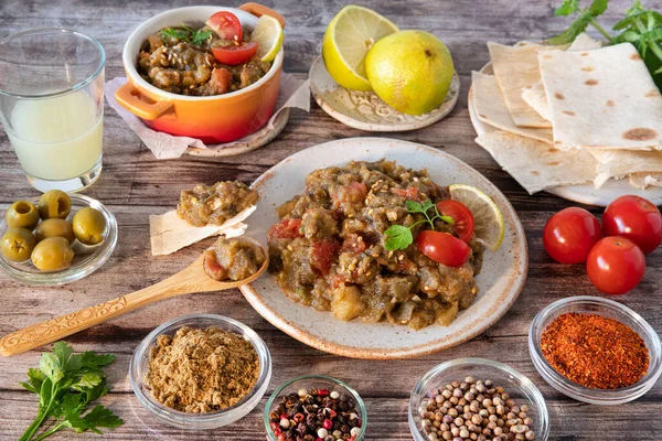 Aubergine Caviar Dish Surrounding Ingredients — Stock Photo, Image