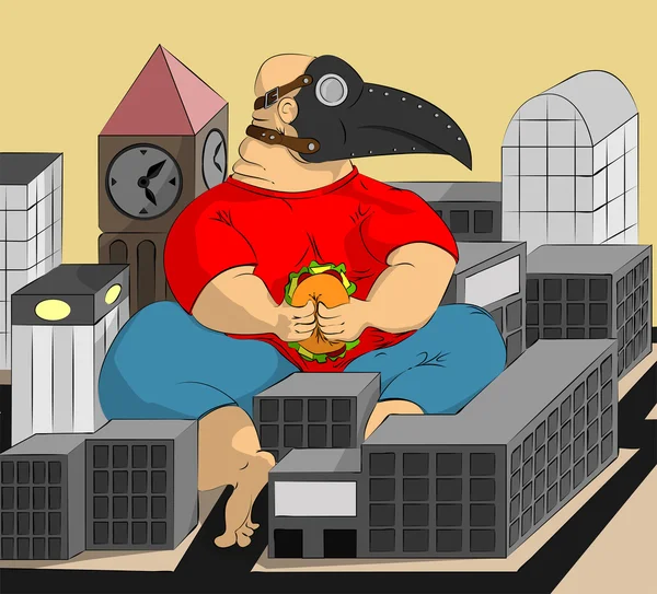 Fettleibigkeit und Übergewicht - eine Plage der modernen Gesellschaft — Stockillustration Dicker Mann in Maske der Pest — Stockvektor