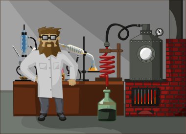 Sakallı kimyager laboratuvar arka planda