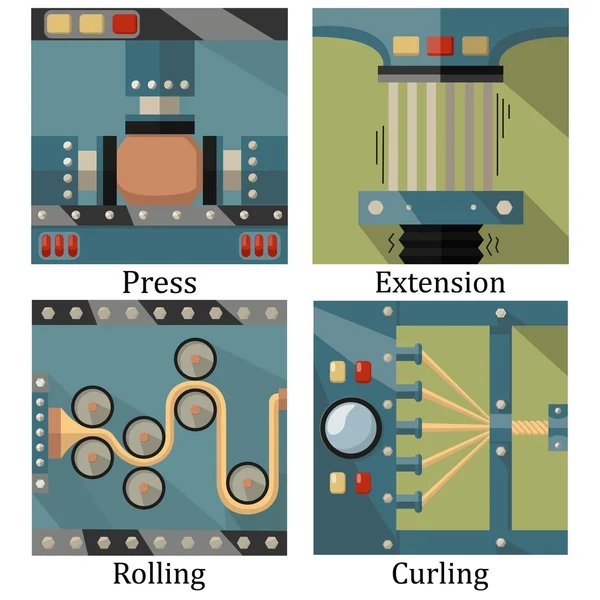 Un conjunto de cuatro imágenes de procesos tecnológicos: prensado, giro — Vector de stock