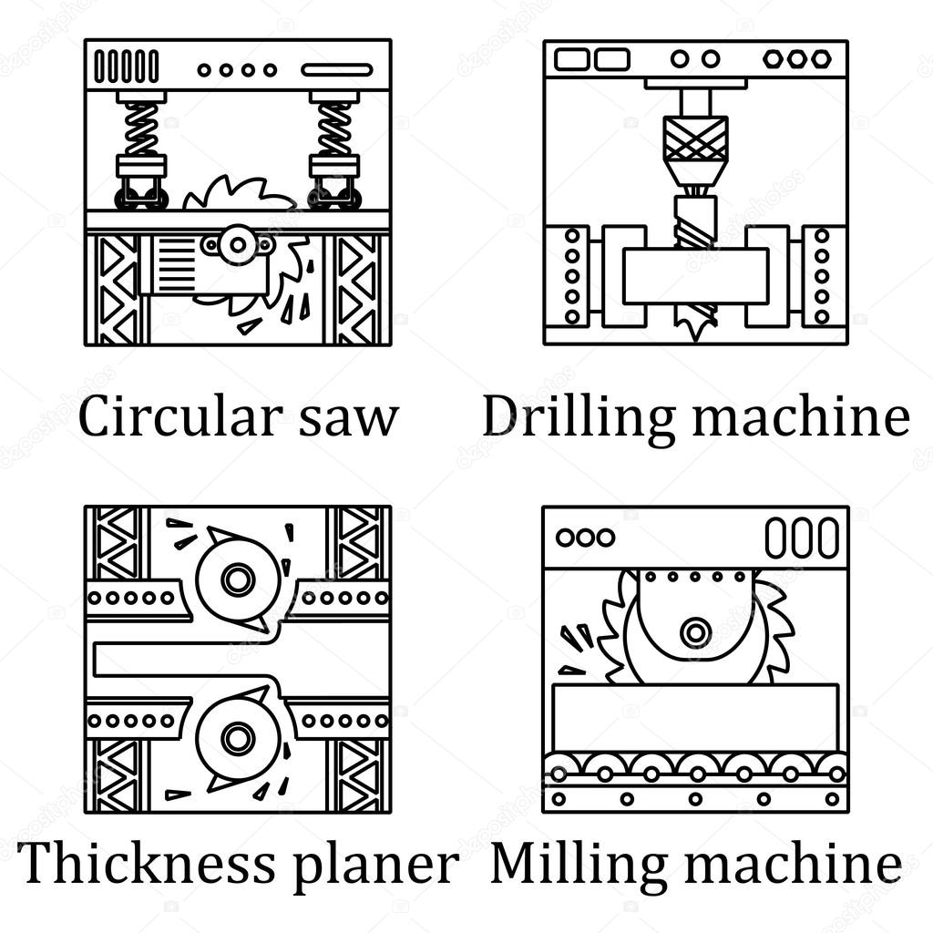 Set of four pictures of industrial machines. Black contour on white background. Logo, emblem, a symbol for the locksmith or carpenter's workshop. Vector Illustration