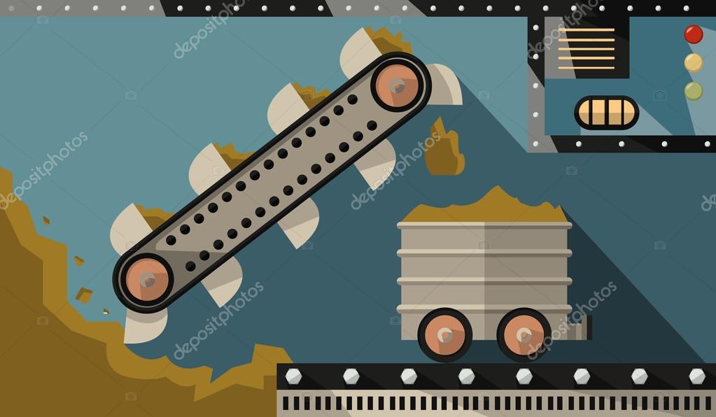 Bucket conveyor dig ore and load it into the trailer. Gornodoyvayuschaya and heavy industry. Vector Illustration
