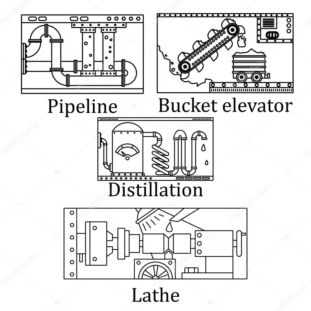 A set of four images of industrial technological apparatus. Only a stroke. Black contour on white background. Logo, poster, background for an industrial company. Vector Illustration