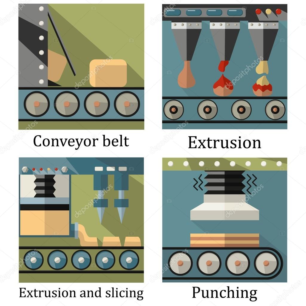 a set of four images of food production machines