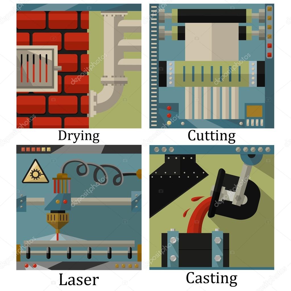 A set of four images of technological manufactures chemical or heavy industry. Colored pictures. Logo, emblem, background, business card for the company. Vector Illustration
