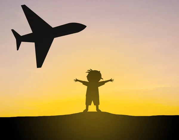 Silhouette Kinder und Flugzeug mit Sonnenuntergang — Stockfoto