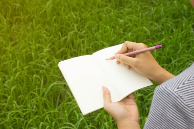 Kalem ve defter mısır tarlası arka plan ile elinde